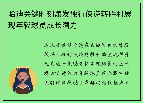 哈迪关键时刻爆发独行侠逆转胜利展现年轻球员成长潜力